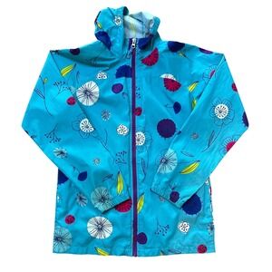 Lands End Girl's Blue Floral Hooded Windbreaker Rain Jacket Size L 14 Full Zip